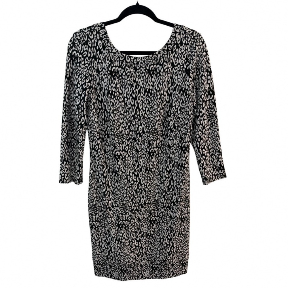 Trina Turk Craze Dress Womens 8 Black White Leopard Print 3/4‎ Sleeve Sheath NWT